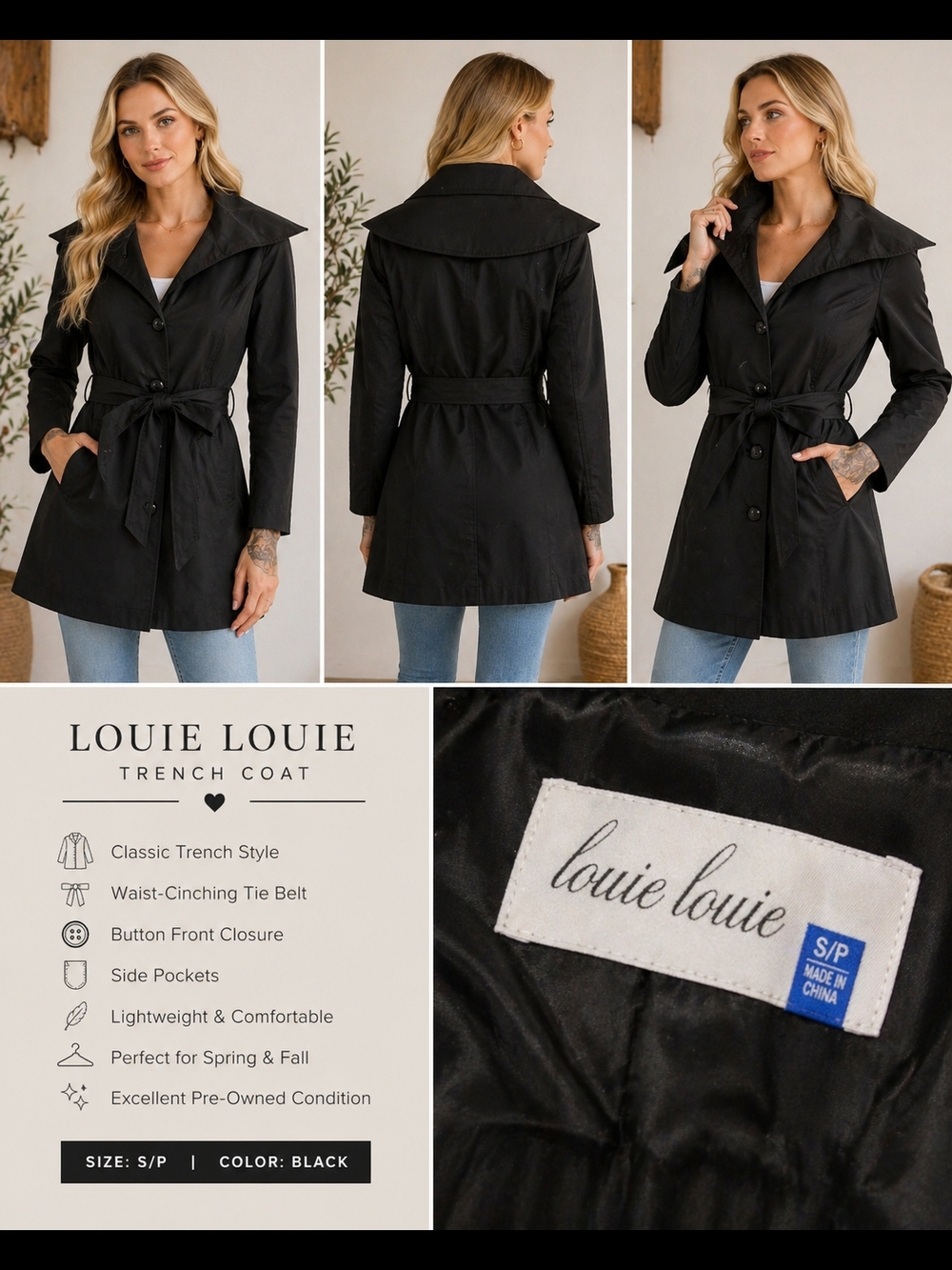 Black Trench Coat with Tie Waist